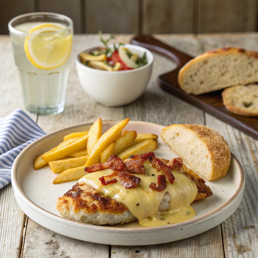 Alice Springs Chicken topped with melted cheese and crispy bacon, served with fresh bread, golden fries, and a cup of lemon water on a rustic wooden table.