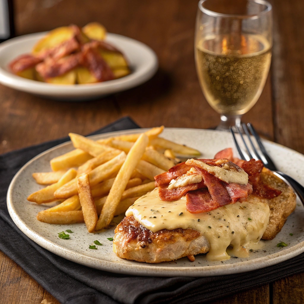 Alice Springs Chicken with melted cheese and crispy bacon, served with golden fries, a fork, and a glass of sparkling water on a rustic wooden table.